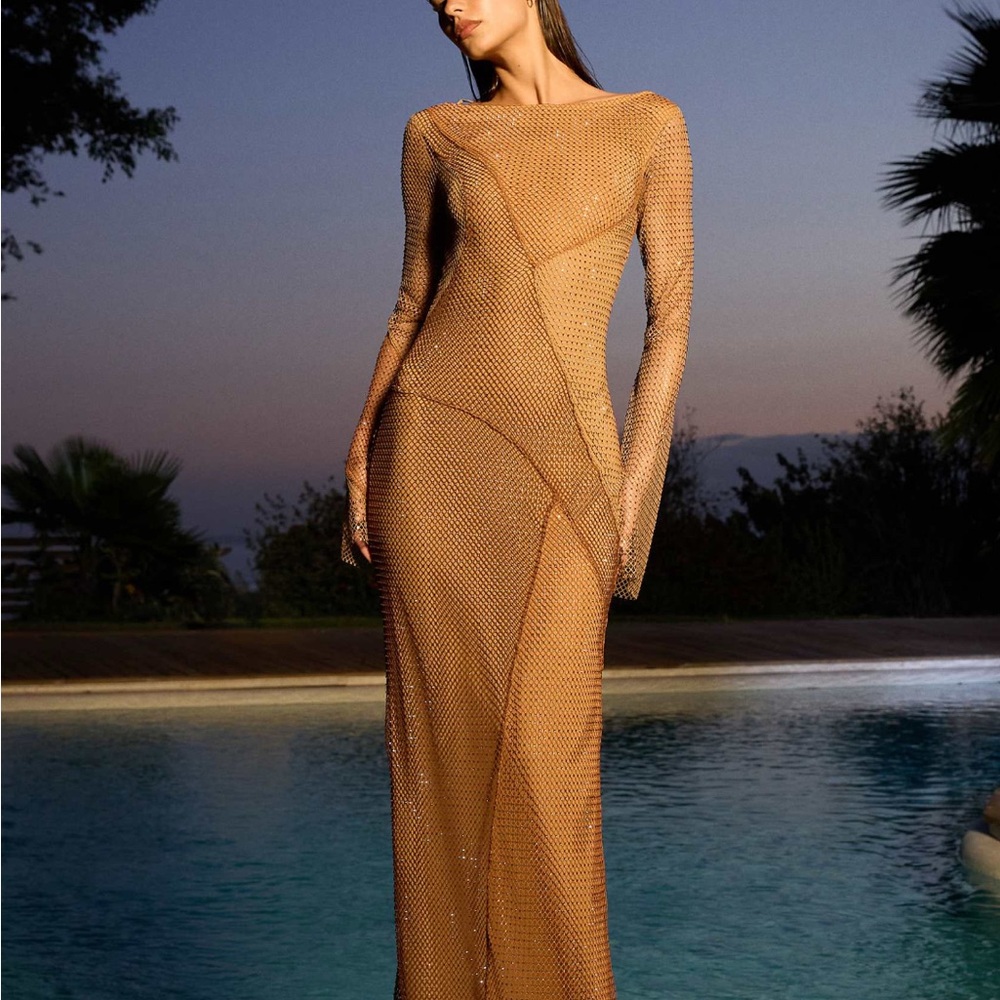 ASOS Elegant Tan Mesh long sleeve dress .